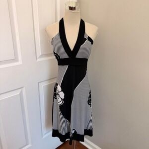 Y2K BLACK AND WHITE BODY CENTRAL ABSTRACT PRINT HALTER NECK MIDI DRESS
